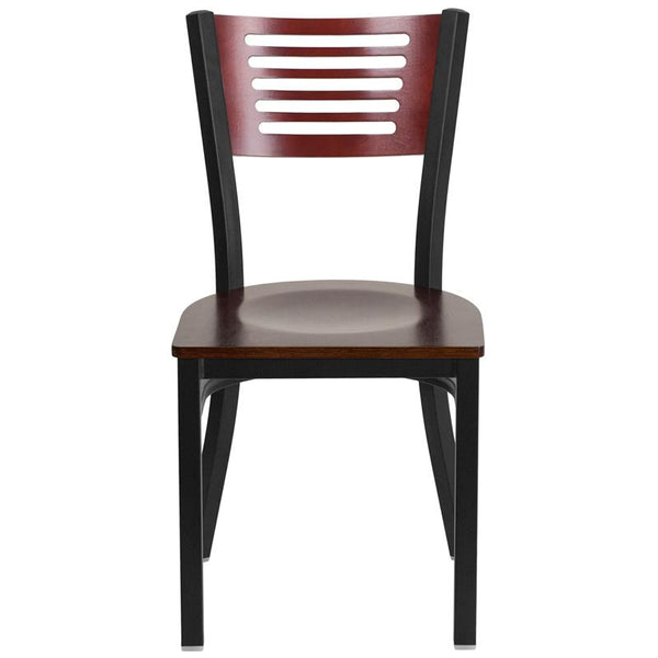 Flash Furniture HERCULES Series Black Slat Back Metal Restaurant Chair - Mahogany Wood Back & Seat - XU-DG-6G5B-MAH-MTL-GG