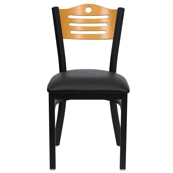 Flash Furniture HERCULES Series Black Slat Back Metal Restaurant Chair - Natural Wood Back, Black Vinyl Seat - XU-DG-6G7B-SLAT-BLKV-GG