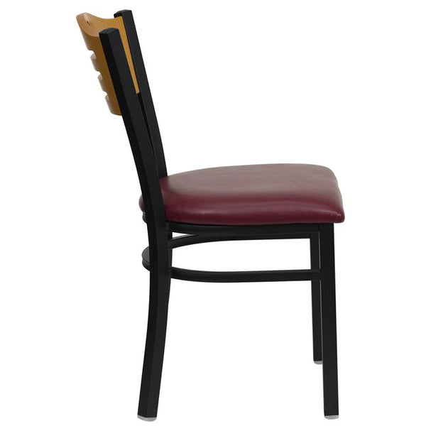 Flash Furniture HERCULES Series Black Slat Back Metal Restaurant Chair - Natural Wood Back, Burgundy Vinyl Seat - XU-DG-6G7B-SLAT-BURV-GG