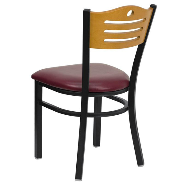 Flash Furniture HERCULES Series Black Slat Back Metal Restaurant Chair - Natural Wood Back, Burgundy Vinyl Seat - XU-DG-6G7B-SLAT-BURV-GG