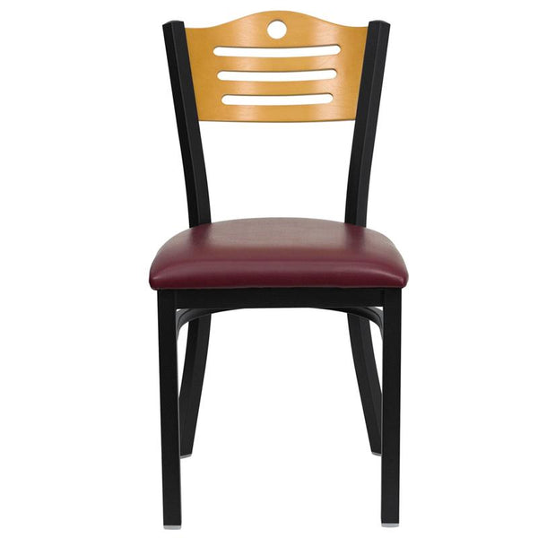 Flash Furniture HERCULES Series Black Slat Back Metal Restaurant Chair - Natural Wood Back, Burgundy Vinyl Seat - XU-DG-6G7B-SLAT-BURV-GG