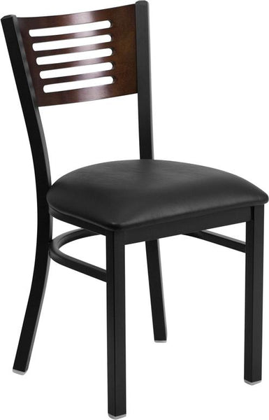 Flash Furniture HERCULES Series Black Slat Back Metal Restaurant Chair - Walnut Wood Back, Black Vinyl Seat - XU-DG-6G5B-WAL-BLKV-GG