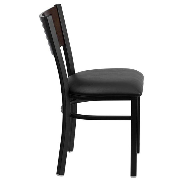Flash Furniture HERCULES Series Black Slat Back Metal Restaurant Chair - Walnut Wood Back, Black Vinyl Seat - XU-DG-6G5B-WAL-BLKV-GG