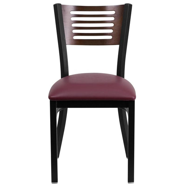 Flash Furniture HERCULES Series Black Slat Back Metal Restaurant Chair - Walnut Wood Back, Burgundy Vinyl Seat - XU-DG-6G5B-WAL-BURV-GG