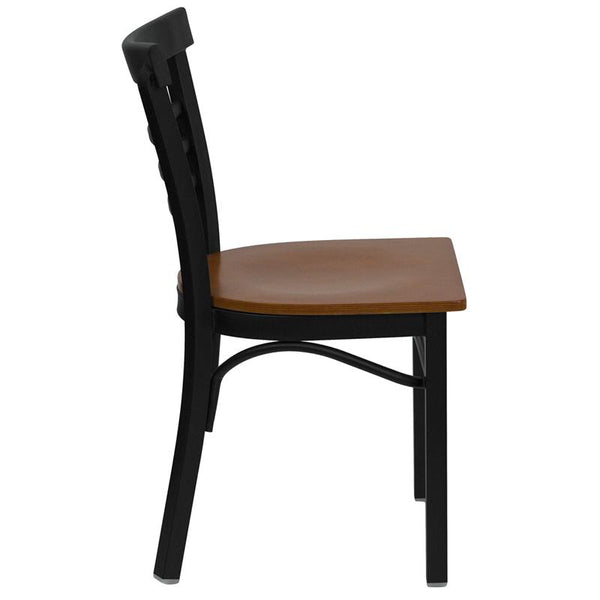 Flash Furniture HERCULES Series Black Three-Slat Ladder Back Metal Restaurant Chair - Cherry Wood Seat - XU-DG6Q6B1LAD-CHYW-GG