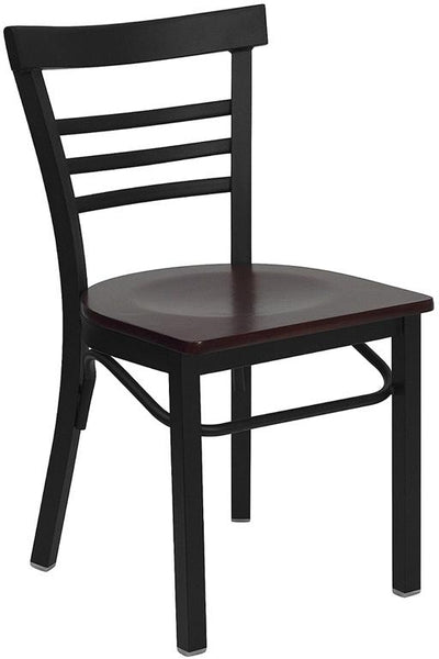 Flash Furniture HERCULES Series Black Three-Slat Ladder Back Metal Restaurant Chair - Mahogany Wood Seat - XU-DG6Q6B1LAD-MAHW-GG
