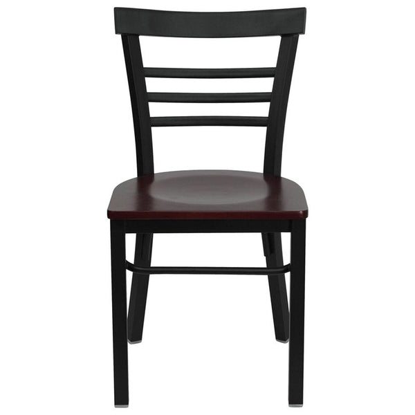 Flash Furniture HERCULES Series Black Three-Slat Ladder Back Metal Restaurant Chair - Mahogany Wood Seat - XU-DG6Q6B1LAD-MAHW-GG