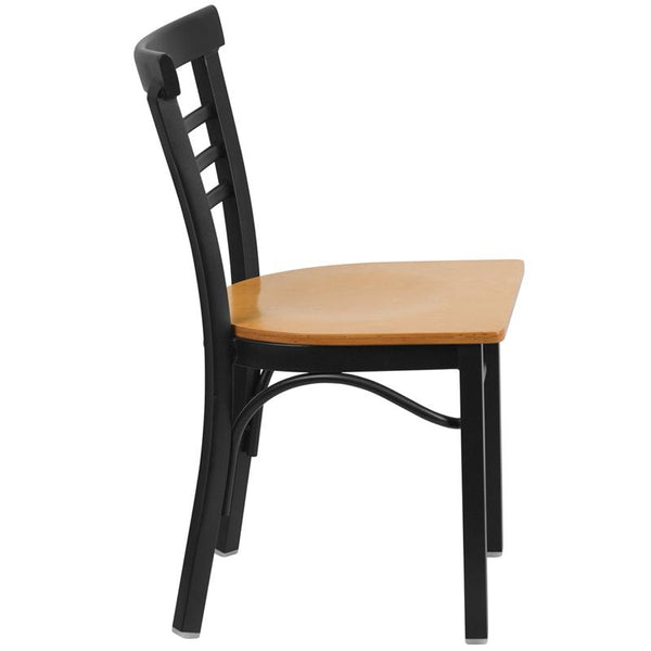Flash Furniture HERCULES Series Black Three-Slat Ladder Back Metal Restaurant Chair - Natural Wood Seat - XU-DG6Q6B1LAD-NATW-GG
