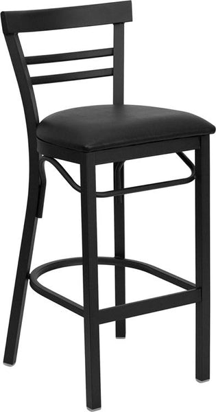 Flash Furniture HERCULES Series Black Two-Slat Ladder Back Metal Restaurant Barstool - Black Vinyl Seat - XU-DG6R9BLAD-BAR-BLKV-GG