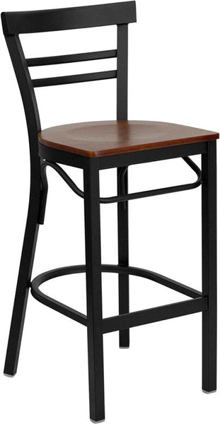 Flash Furniture HERCULES Series Black Two-Slat Ladder Back Metal Restaurant Barstool - Cherry Wood Seat - XU-DG6R9BLAD-BAR-CHYW-GG