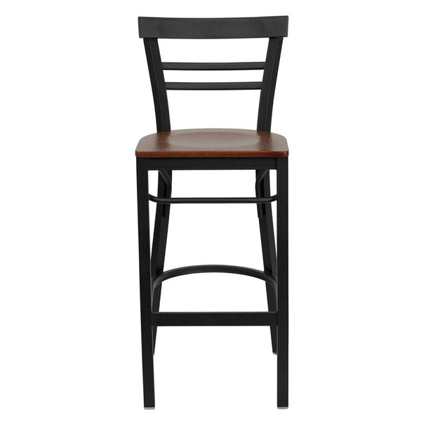 Flash Furniture HERCULES Series Black Two-Slat Ladder Back Metal Restaurant Barstool - Cherry Wood Seat - XU-DG6R9BLAD-BAR-CHYW-GG