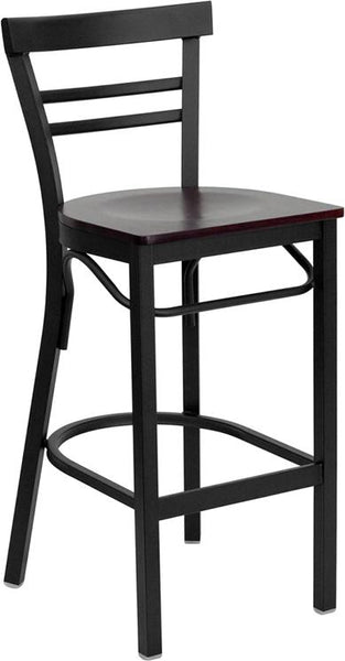 Flash Furniture HERCULES Series Black Two-Slat Ladder Back Metal Restaurant Barstool - Mahogany Wood Seat - XU-DG6R9BLAD-BAR-MAHW-GG