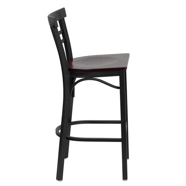 Flash Furniture HERCULES Series Black Two-Slat Ladder Back Metal Restaurant Barstool - Mahogany Wood Seat - XU-DG6R9BLAD-BAR-MAHW-GG