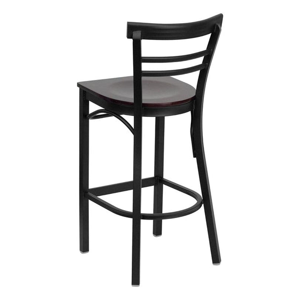 Flash Furniture HERCULES Series Black Two-Slat Ladder Back Metal Restaurant Barstool - Mahogany Wood Seat - XU-DG6R9BLAD-BAR-MAHW-GG