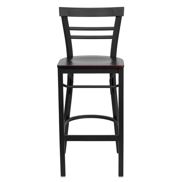 Flash Furniture HERCULES Series Black Two-Slat Ladder Back Metal Restaurant Barstool - Mahogany Wood Seat - XU-DG6R9BLAD-BAR-MAHW-GG