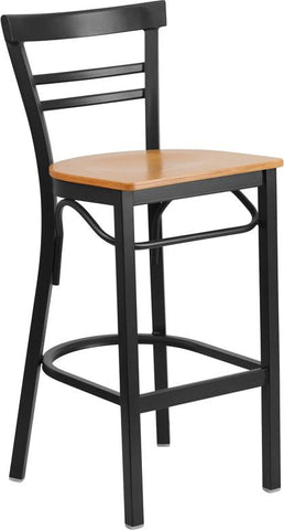 Flash Furniture HERCULES Series Black Two-Slat Ladder Back Metal Restaurant Barstool - Natural Wood Seat - XU-DG6R9BLAD-BAR-NATW-GG