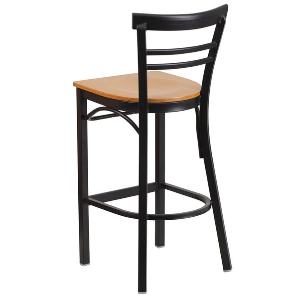 Flash Furniture HERCULES Series Black Two-Slat Ladder Back Metal Restaurant Barstool - Natural Wood Seat - XU-DG6R9BLAD-BAR-NATW-GG