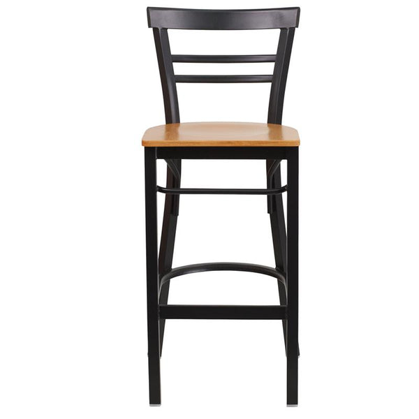 Flash Furniture HERCULES Series Black Two-Slat Ladder Back Metal Restaurant Barstool - Natural Wood Seat - XU-DG6R9BLAD-BAR-NATW-GG