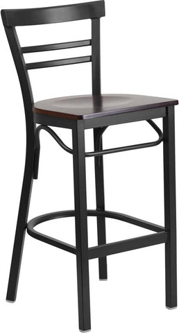 Flash Furniture HERCULES Series Black Two-Slat Ladder Back Metal Restaurant Barstool - Walnut Wood Seat - XU-DG6R9BLAD-BAR-WALW-GG