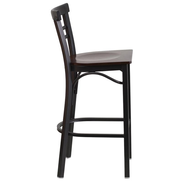 Flash Furniture HERCULES Series Black Two-Slat Ladder Back Metal Restaurant Barstool - Walnut Wood Seat - XU-DG6R9BLAD-BAR-WALW-GG