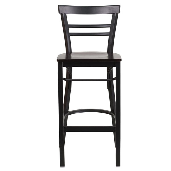 Flash Furniture HERCULES Series Black Two-Slat Ladder Back Metal Restaurant Barstool - Walnut Wood Seat - XU-DG6R9BLAD-BAR-WALW-GG