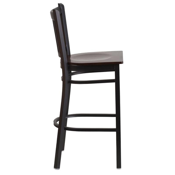 Flash Furniture HERCULES Series Black Vertical Back Metal Restaurant Barstool - Walnut Wood Seat - XU-DG-6R6B-VRT-BAR-WALW-GG