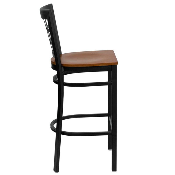 Flash Furniture HERCULES Series Black Window Back Metal Restaurant Barstool - Cherry Wood Seat - XU-DG6R7BWIN-BAR-CHYW-GG