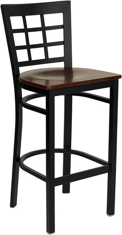 Flash Furniture HERCULES Series Black Window Back Metal Restaurant Barstool - Mahogany Wood Seat - XU-DG6R7BWIN-BAR-MAHW-GG