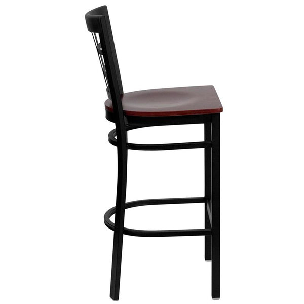 Flash Furniture HERCULES Series Black Window Back Metal Restaurant Barstool - Mahogany Wood Seat - XU-DG6R7BWIN-BAR-MAHW-GG