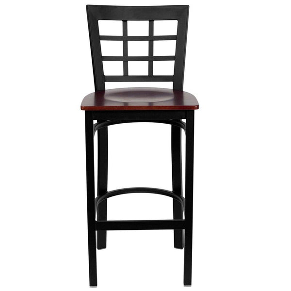 Flash Furniture HERCULES Series Black Window Back Metal Restaurant Barstool - Mahogany Wood Seat - XU-DG6R7BWIN-BAR-MAHW-GG