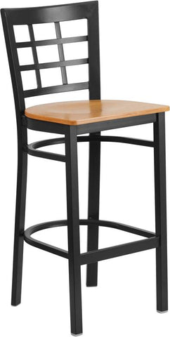 Flash Furniture HERCULES Series Black Window Back Metal Restaurant Barstool - Natural Wood Seat - XU-DG6R7BWIN-BAR-NATW-GG