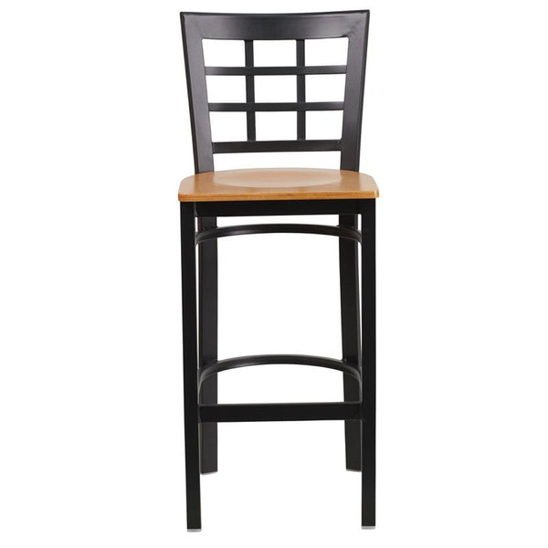 Flash Furniture HERCULES Series Black Window Back Metal Restaurant Barstool - Natural Wood Seat - XU-DG6R7BWIN-BAR-NATW-GG