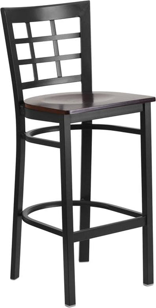 Flash Furniture HERCULES Series Black Window Back Metal Restaurant Barstool - Walnut Wood Seat - XU-DG6R7BWIN-BAR-WALW-GG