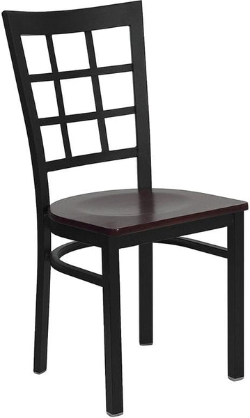 Flash Furniture HERCULES Series Black Window Back Metal Restaurant Chair - Mahogany Wood Seat - XU-DG6Q3BWIN-MAHW-GG