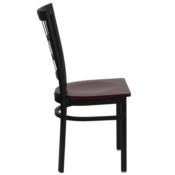 Flash Furniture HERCULES Series Black Window Back Metal Restaurant Chair - Mahogany Wood Seat - XU-DG6Q3BWIN-MAHW-GG