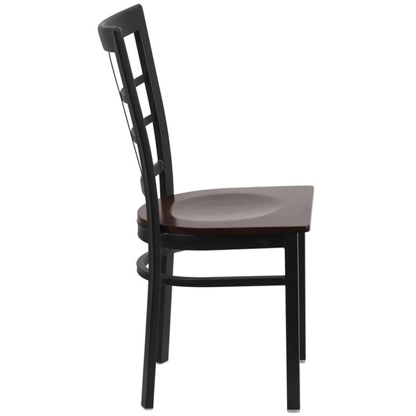 Flash Furniture HERCULES Series Black Window Back Metal Restaurant Chair - Walnut Wood Seat - XU-DG6Q3BWIN-WALW-GG