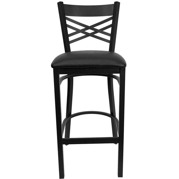 Flash Furniture HERCULES Series Black ''X'' Back Metal Restaurant Barstool - Black Vinyl Seat - XU-6F8BXBK-BAR-BLKV-GG