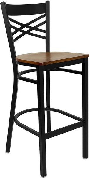Flash Furniture HERCULES Series Black ''X'' Back Metal Restaurant Barstool - Cherry Wood Seat - XU-6F8BXBK-BAR-CHYW-GG
