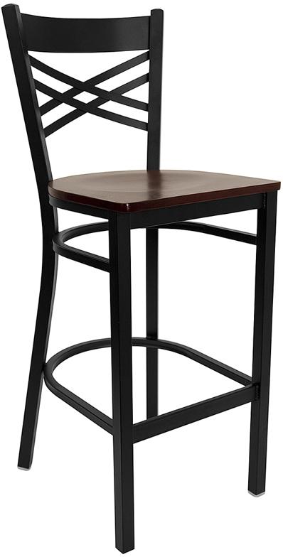 Flash Furniture HERCULES Series Black ''X'' Back Metal Restaurant Barstool - Mahogany Wood Seat - XU-6F8BXBK-BAR-MAHW-GG