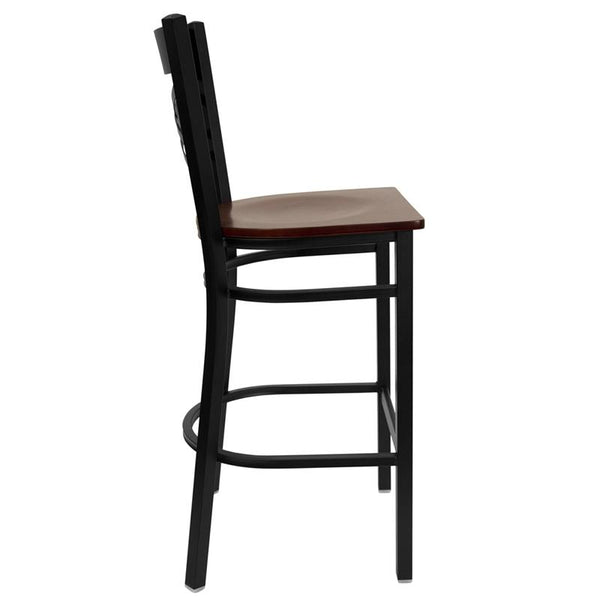 Flash Furniture HERCULES Series Black ''X'' Back Metal Restaurant Barstool - Mahogany Wood Seat - XU-6F8BXBK-BAR-MAHW-GG