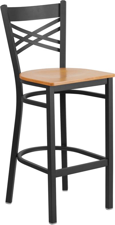 Flash Furniture HERCULES Series Black ''X'' Back Metal Restaurant Barstool - Natural Wood Seat - XU-6F8BXBK-BAR-NATW-GG