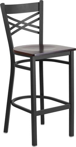 Flash Furniture HERCULES Series Black ''X'' Back Metal Restaurant Barstool - Walnut Wood Seat - XU-6F8BXBK-BAR-WALW-GG