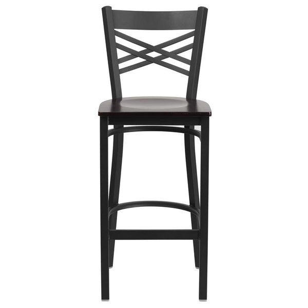 Flash Furniture HERCULES Series Black ''X'' Back Metal Restaurant Barstool - Walnut Wood Seat - XU-6F8BXBK-BAR-WALW-GG