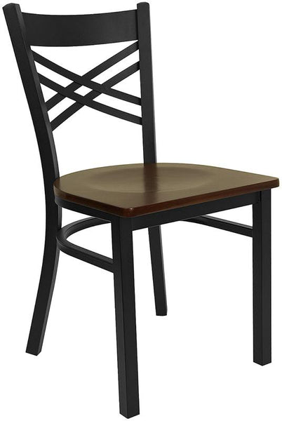 Flash Furniture HERCULES Series Black ''X'' Back Metal Restaurant Chair - Mahogany Wood Seat - XU-6FOBXBK-MAHW-GG