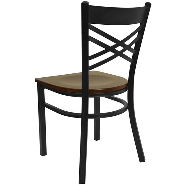 Flash Furniture HERCULES Series Black ''X'' Back Metal Restaurant Chair - Mahogany Wood Seat - XU-6FOBXBK-MAHW-GG