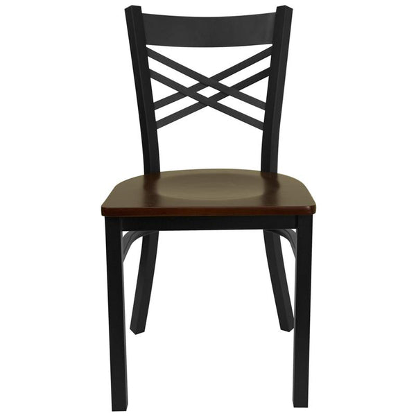 Flash Furniture HERCULES Series Black ''X'' Back Metal Restaurant Chair - Mahogany Wood Seat - XU-6FOBXBK-MAHW-GG