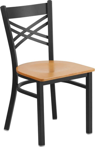 Flash Furniture HERCULES Series Black ''X'' Back Metal Restaurant Chair - Natural Wood Seat - XU-6FOBXBK-NATW-GG