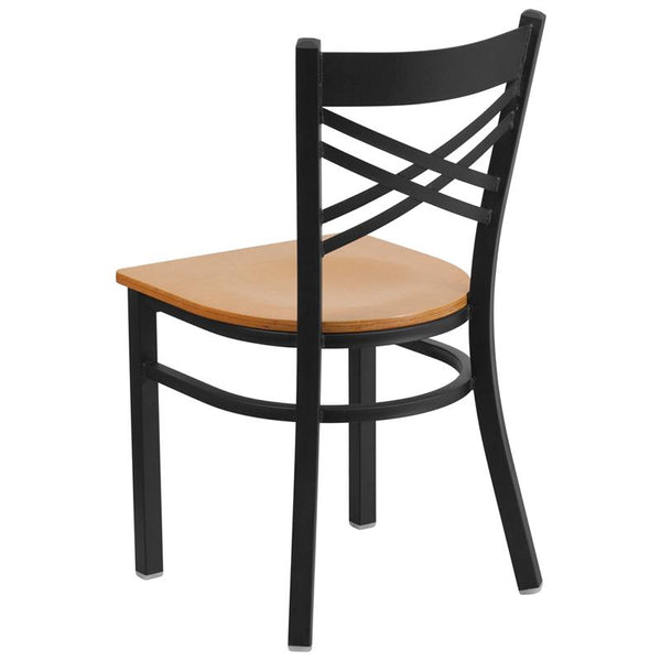 Flash Furniture HERCULES Series Black ''X'' Back Metal Restaurant Chair - Natural Wood Seat - XU-6FOBXBK-NATW-GG