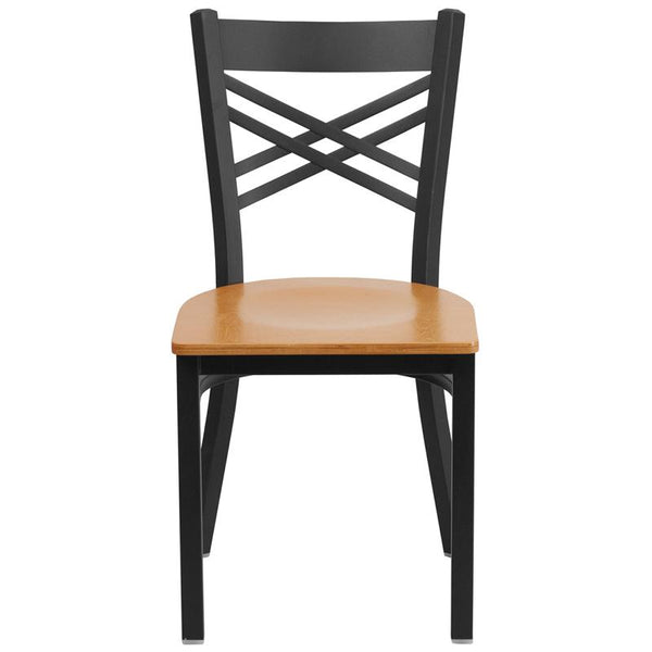 Flash Furniture HERCULES Series Black ''X'' Back Metal Restaurant Chair - Natural Wood Seat - XU-6FOBXBK-NATW-GG