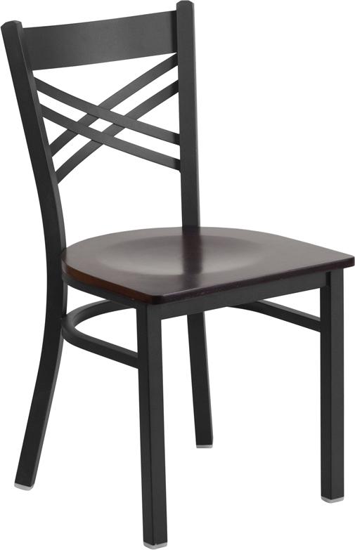 Flash Furniture HERCULES Series Black ''X'' Back Metal Restaurant Chair - Walnut Wood Seat - XU-6FOBXBK-WALW-GG